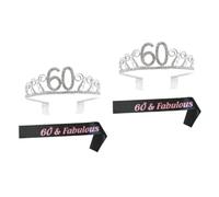 2 Set 60 Feste, Fascetta decorativa con strass, cintura per etichette per feste di compleanno, Parrucche anteriori in pizzo grigie, strass, compleanno, tiara, pettine per capelli,
