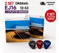 2 Set D'Addario EJ16 12-53 Corde Chitarra Acustica + 3 Plettri Omaggio
