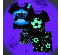 2 set di pigiami per ragazzi pre-adolescenti, design che brilla al buio con controller di videogiochi e grafica "Play Games" in blu neon, e pallone da calcio e grafica con lettere in verde neon su sfo