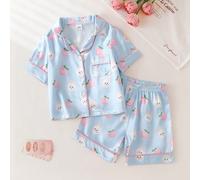 2 set Pigiami dolci e freschi per bambine, con cardigan a maniche corte con colletto a revers e pantaloncini abbinati in tessuto morbido e setoso. Questa comoda biancheria da notte estiva ha una grazi