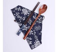 2 Sets Wooden Flatware Wooden Fork and Spoon Chopsticks Reusable Tableware Cutlery Set Travel Utensils Tied Line Flatware，Blue White