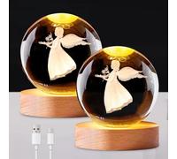 2 sfere di cristallo 3D, luce notturna, sistema solare 3D, sfera di cristallo con LED, angelo custode, regalo a LED, sfera di vetro, 6 cm, con base in legno, per San Valentino, compleanno