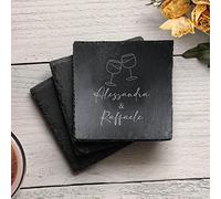 2 sottobicchieri in pietra ardesia Con incisione personalizzata con scritta o Logo - 2 pezzi quadrati 10x10cm - compleanno - Caffè - drink - birra (stile K)