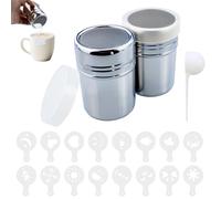 2 spargitore in acciaio inox, con coperchio per macina zucchero a velo, spargitore per cappuccino, spargitore in polvere, colino per zucchero a velo, con 16 stampi in rilievo e 1 cucchiaio dosatore