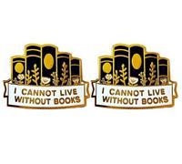 2 spille da bavero smaltate con scritta "I can't live without books", per leggere libri