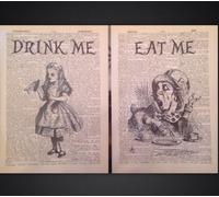 2 stampe con Alice nel paese delle meraviglie e il Cappellaio Matto con citazioni (lingua italiana non garantita), stampe da dizionario vintage, immagini artistiche