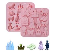 2 stampi in silicone rosa a tema principesse, castelli, principi e principesse delle fiabe, ideali per decorare caramelle, fondente, saponi, candele e altri oggetti fai da te. Per bambini, bambine