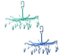 2 stendibiancheria, 16 clip per appendere calze, gancio pieghevole per biancheria intima, stendibiancheria portatile, girevole a 360°, adatto per biancheria intima, calze, asciugamani (blu, verde)