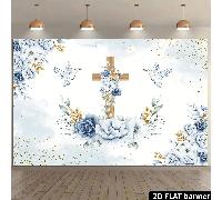 2 Striscione elegante per battesimo e prima comunione con croce in legno, pace, rose blu e sfondo dorato glitterato per servizio fotografico 75x100cm,210x400cm,210x300cm,180x230cm,100x150cm,110x180cm,