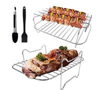 2 supporti per friggitrici Nin-ja, in acciaio inox Dual Airfryer Rack con spazzola per olio e pinze per barbecue, griglia con 4 spiedini, per Dual Air Fryer AF300UK AF400UK Double Basket Tower Air