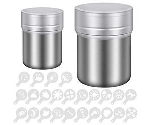 2 Taglie Spargi a Velo Spargizucchero Spargicacao in 304 Acciaio Inox con Coperchio per Farina Cioccolato Sale Pepe Zucchero a velo Cacao Spezie in Polvere, 24pezzi Cappuccino Stencil
