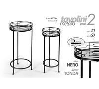 2 TAVOLINI COMODINO COLONNE PORTA PIANTA METALLO NERO PIANO SPECCHIO 70-60 cm