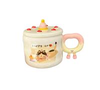2 tazze da 450 ml in ceramica con simpatico gatto e cane con coperchio, set per bere personalità creativa, gatto rosa A (senza cucchiaio)