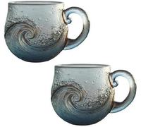 2 tazze in marino ondulato - in fatta a mano con onde oceaniche, 350 ml, motivo oceano smerigliato, con manico, per gli amanti del tè, del caffè, della spiaggia