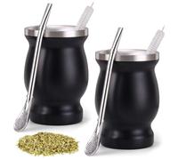 2 tazze Mate in acciaio inox, a doppia parete, set da tè Yerba Mate con cucchiaino e spazzola per la pulizia, isolamento termico per tè, caffè, latte e succo (nero)