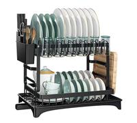 2 Tier Dish Drainers for Kitchen Sink, Large Dish Drying Rack for Kitchen Counter with and Cutlery Holder, Drainboard, Rust Proof Metal, Space Saving, Compact Plates Strainers,Black