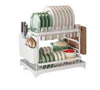 2 tier,dish drying rack,Cutlery with spout and draining tray,cutlery holder,cup,kitchen countertop storage per il bancone della cucina(White)