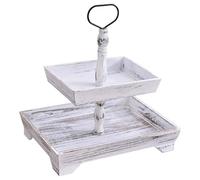 2 Tiered Tray, Wooden Two Tiered Serving Stand with Metal Handle, Rustic Rectangular Display Holder for Home, Kitchen, Dessert Table, Cupcakes, Holiday Treats, Fruit Snacks, Party Decor