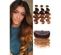2 toni Ombre Body Wave Hair 3 bundle con frontale 13x4 da orecchio a orecchio frontale in pizzo 100% non trattato capelli umani vergini brasiliani T4/30 castano medio(14 16 18+12 frontal)