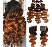 2 toni Ombre Body Wave Hair 3 bundle con frontale 4x4 da orecchio a orecchio closure in pizzo 100% non trattato capelli umani vergini brasiliani T4/30 castano medio(12 14 16+10 closure)