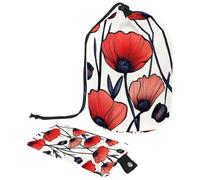 2 trousse da viaggio per cosmetici, grande capacità, morbida, impermeabile, portatile, con coulisse, motivo papavero rosso, Papavero rosso retrò prato, 9.9x6.9in/25.2x17.6cm;6x3.5in/15.2x8.8cm, Design