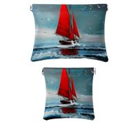 2 trousse in finta pelle per il trucco, piccola borsa per il trucco, borsa portatile da viaggio per donne, borsa multifunzionale da viaggio, paesaggio, oceano, vela, gabbiano, Motivo: 3236,
