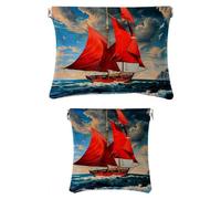 2 trousse in finta pelle per il trucco, piccola borsa per il trucco, borsa portatile da viaggio per donne, borsa multifunzionale da viaggio, paesaggio, oceano, vela, gabbiano, Motivo: 3237,
