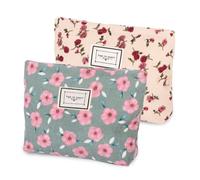 2 trousse in tela per cosmetici, con motivo a fiori di ciliegio, borsa per cosmetici in velluto a coste con stampa a fiori di rosa, piccola borsa da viaggio con cerniera, per donne e ragazze, verde,
