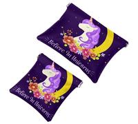 2 trousse magiche con unicorni e fiori e luna, con chiusura automatica, portatile, senza cerniera, mini trousse da viaggio per monete, rossetti, cosmetici, auricolari, gioielli, organizer, Multicolore