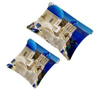 2 trousse per cosmetici con motivo greco Santorini, con chiusura automatica, portatile, senza cerniera, mini borsa da viaggio per cuffie, monete, rossetti, cosmetici, auricolari, gioielli, organizer,