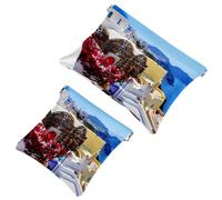 2 trousse per cosmetici con motivo greco Santorini, con chiusura automatica, portatile, senza cerniera, mini borsa da viaggio per cuffie, monete, rossetti, cosmetici, auricolari, gioielli, organizer,