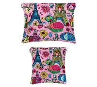 2 trousse per il trucco in finta pelle, piccola pochette per il trucco, borsa per il trucco a chiusura automatica per donne, borsa cosmetica portatile da spremere, con fiore di Parigi Torre Eiffel,