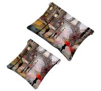 2 trousse tascabili con motivo della Torre Eiffel della Francia sotto l'ombrello rosso, con pittura a olio, con chiusura automatica, mini trousse da viaggio per monete, rossetto, auricolari, gioielli,