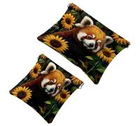 2 trousse tascabili con panda rosso e girasole, borsa per il trucco a chiusura automatica, senza cerniera, piccola borsa per il trucco, per riporre cosmetici, cuffie, gioielli, Multicolore,