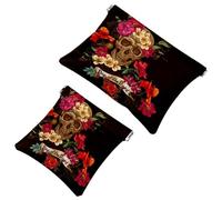 2 trousse tascabili con teschio e fiori del giorno dei morti, a chiusura automatica, portatile, senza cerniera, mini borsa da viaggio per cuffie, monete, rossetti, cosmetici, gioielli organizer,