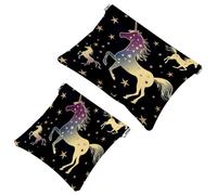 2 trousse tascabili con unicorno, motivo stelle magiche e unicorno, borsa per il trucco a chiusura automatica, senza cerniera, piccola borsa per il trucco, per riporre cosmetici, cuffie, gioielli,