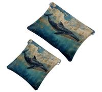 2 trousse tascabili per cosmetici, balene su legno, cielo blu, a chiusura automatica, senza cerniera, piccola borsa per il trucco per riporre cosmetici, cuffie, gioielli, Multicolore,