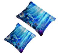 2 trousse tascabili per cosmetici, blu oceano, vita marina, chiusura automatica, senza cerniera, piccola borsa per il trucco da viaggio, per cosmetici, cuffie, gioielli organizer, Multicolore,