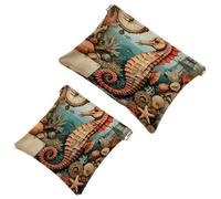 2 trousse tascabili per cosmetici, con mappa vintage, cavalluccio marino, stella marina, autoserrante, senza cerniera, piccola borsa per il trucco da viaggio, per cosmetici, cuffie, gioielli