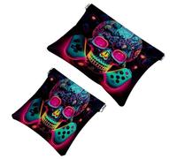 2 trousse tascabili per cosmetici, controller di gioco con teschio al neon, a chiusura automatica, senza cerniera, piccola borsa per il trucco per riporre cosmetici, cuffie, gioielli, Multicolore,