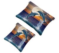 2 trousse tascabili per cosmetici, delfini che saltano l'amore, borsa per il trucco a chiusura automatica, senza cerniera, piccola borsa per il trucco da viaggio, per cosmetici, cuffie, gioielli