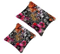 2 trousse tascabili per cosmetici, farfalle e fiori su pois leopardati, borsa per il trucco a chiusura automatica, senza cerniera, piccola borsa per il trucco per mini custodia da viaggio per cuffie