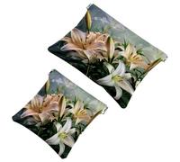 2 trousse tascabili per cosmetici, fiori di giglio bianco che sbocciano, a chiusura automatica, senza cerniera, piccola borsa per il trucco per riporre cosmetici, cuffie, gioielli, Multicolore,