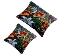 2 trousse tascabili per cosmetici, fiori di giglio, con chiusura automatica, senza cerniera, piccola borsa per il trucco da viaggio, per cosmetici, cuffie, gioielli organizer, Multicolore,