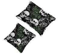2 trousse tascabili per cosmetici, foglie di palma, teschi, con chiusura automatica, senza cerniera, piccola borsa per il trucco, per riporre cosmetici, cuffie, gioielli, Multicolore,