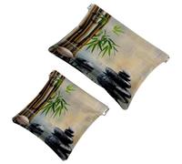 2 trousse tascabili per cosmetici, in bambù e pietre zen, con chiusura automatica, senza cerniera, piccola borsa per il trucco, per riporre cosmetici, cuffie, gioielli, Multicolore,