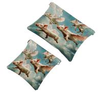2 trousse tascabili per cosmetici, maialini con ali nel cielo, a chiusura automatica, senza cerniera, piccola borsa per il trucco per riporre cosmetici, cuffie, gioielli, Multicolore,