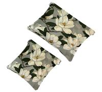 2 trousse tascabili per cosmetici, motivo a fiori di magnolie, con chiusura automatica, senza cerniera, piccola borsa per il trucco, per riporre cosmetici, cuffie, gioielli, Multicolore,
