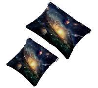 2 trousse tascabili per cosmetici, motivo: galassia dell'universo, a energia solare, a chiusura automatica, senza cerniera, piccola borsa per il trucco, per cosmetici, cuffie, gioielli, Multicolore,