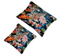 2 trousse tascabili per cosmetici, motivo pesce koi giapponese, fiore di loto a chiusura automatica, senza cerniera, piccola borsa per il trucco da viaggio, per cosmetici, cuffie, gioielli organizer,